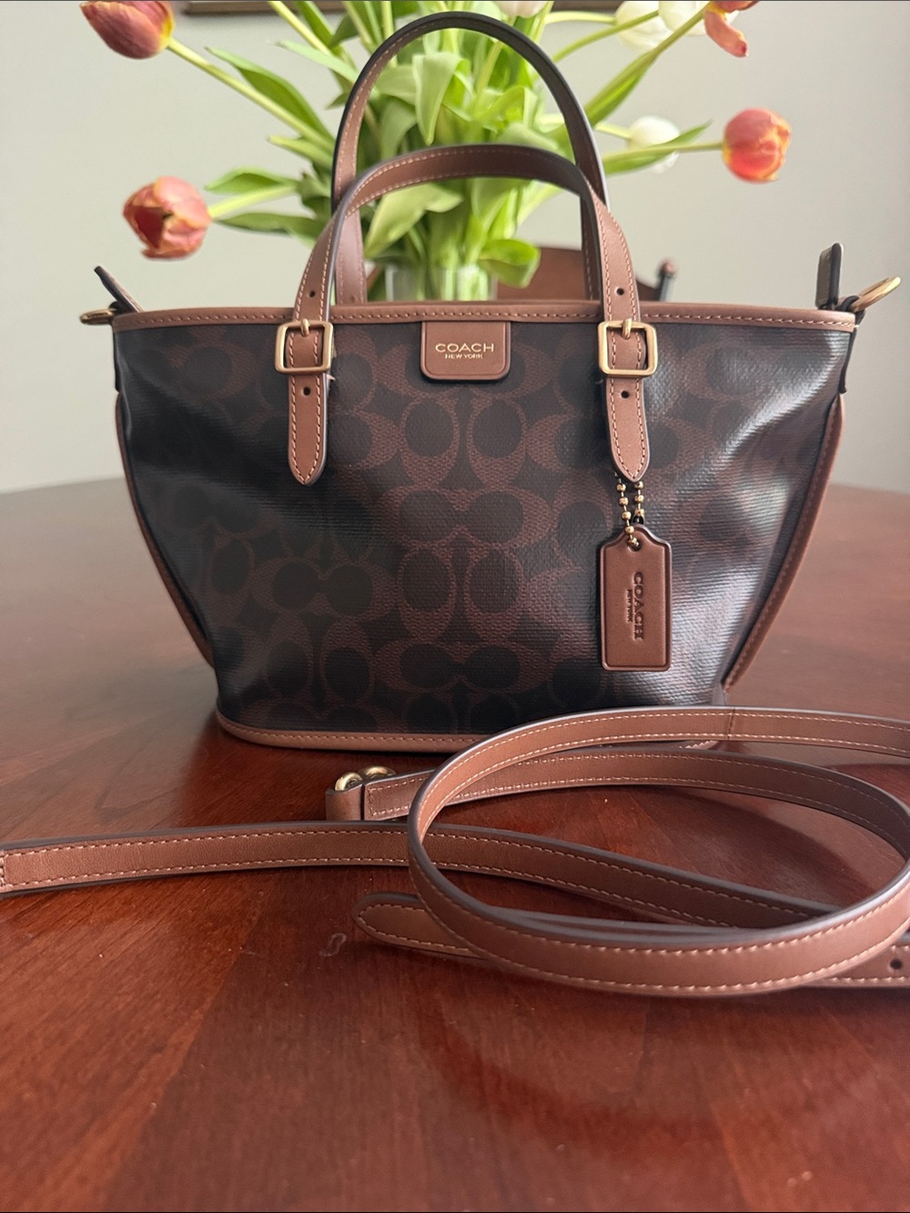 Coach Taxi Tote 21 Signature Canvas Satchel with Tan Leather Trim
